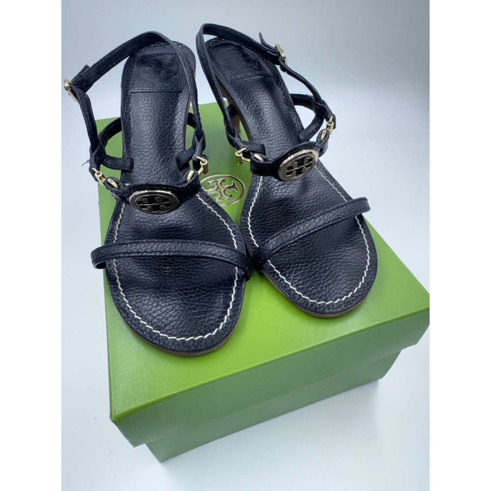 Tory Burch Mira Heeled Sandals Black Leather Gold Medallion S/N12148382 Size 7